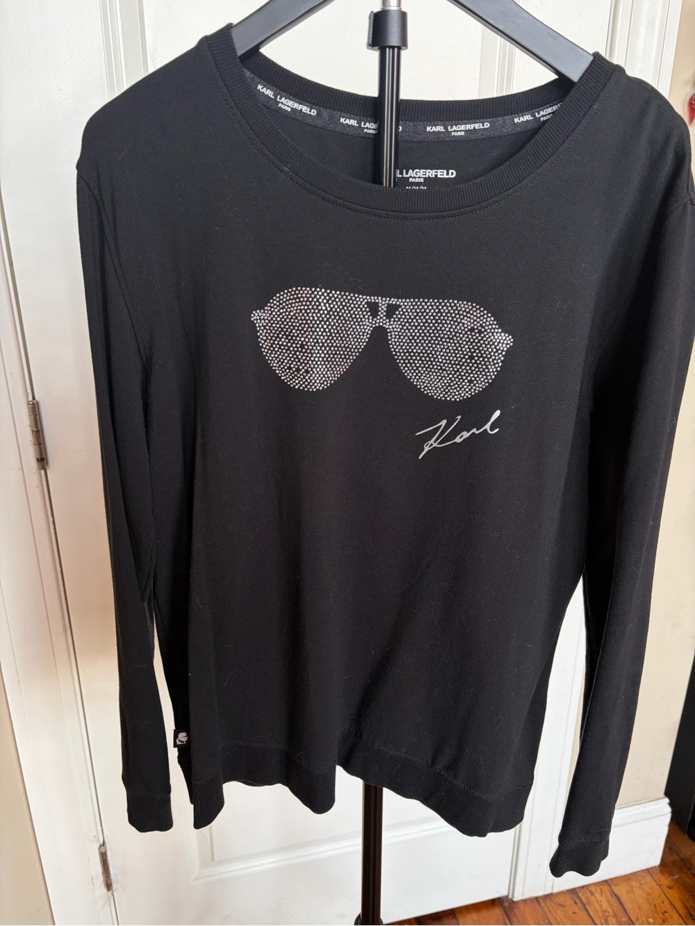 Karl Lagerfeld Black Long Sleeve Tee with Rhinestone Sunglasses Motif